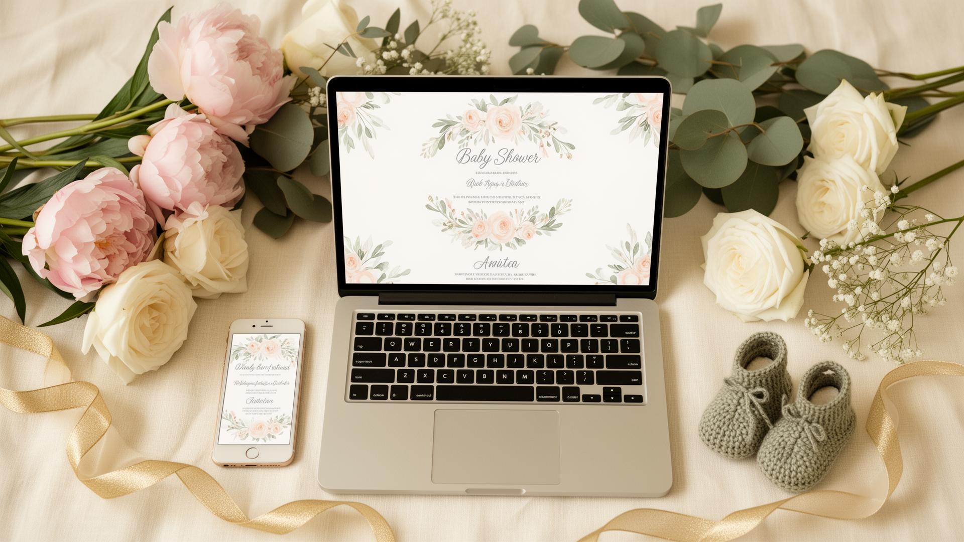 Baby shower website shown on a laptop and phone surrounded by peonies and eucalyptus